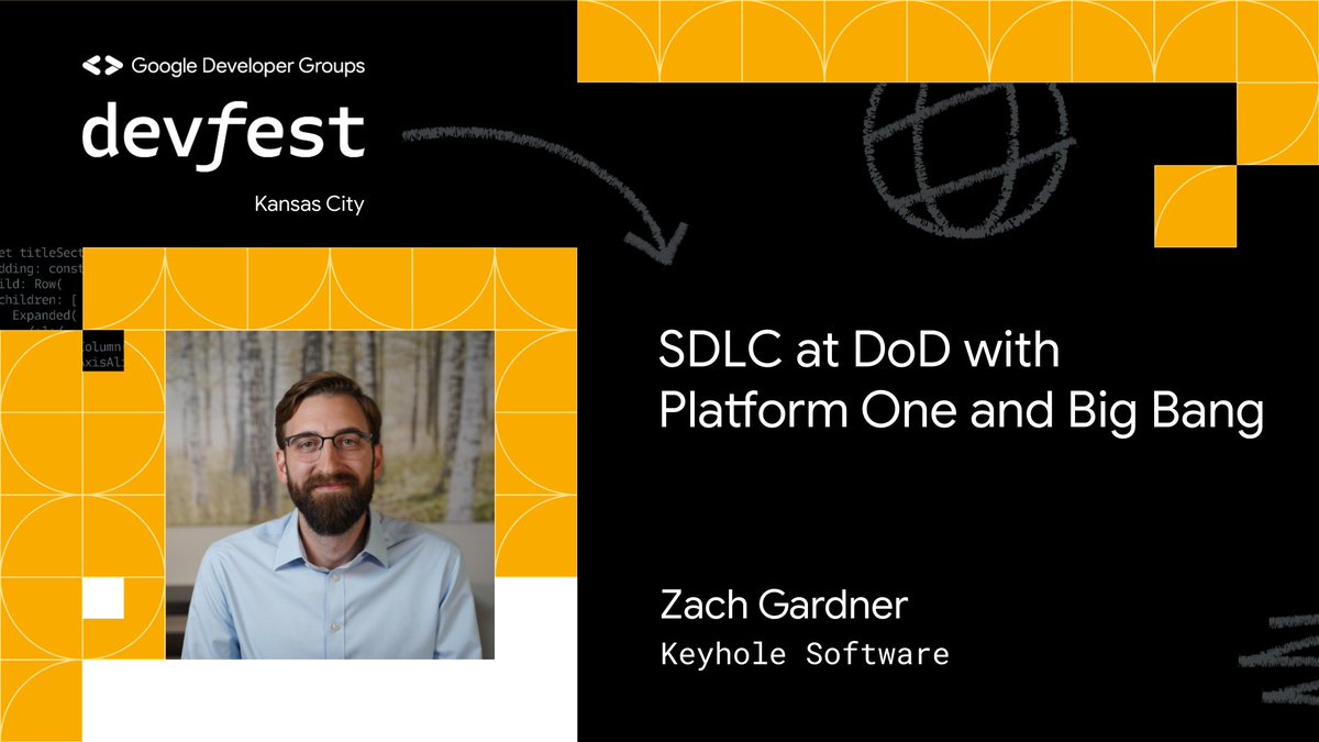devfestkc's tweet image. Now for another local KC speaker: learn about “SDLC at DoD with Platform One and Big Bang” from Zach Gardner, Chief Architect at Keyhole Software.

More sessions and registration link on devfestkc.com. See you there! #SoftwareDevelopment #DevFest #GDG