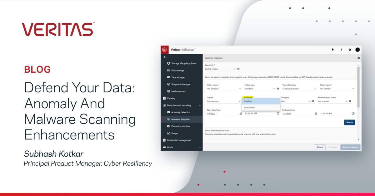 #Veritas360Defense introduces new #CyberResiliency features to the Veritas portfolio such as enhanced anomaly detection and malware scanning capabilities for advanced threat detection. Learn more from Veritas expert Subhash Kotkar: vrt.as/3QzRHvu
