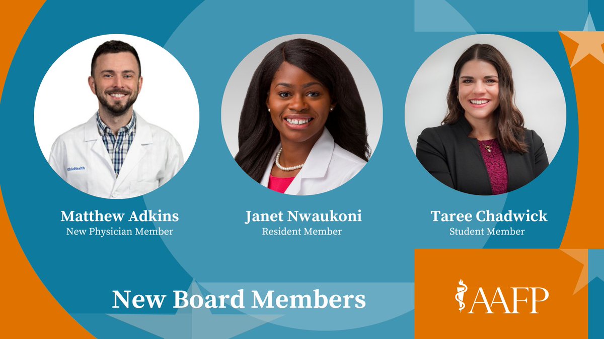 AAFP (@aafp) on Twitter photo Congratulations to our new student, resident and new physician members of the #AAFP Board of Directors! Dr. Matthew Adkins, Dr. Janet Nwaukoni (<a href="/JanetNwaukoni/">Dr. Janet N. Nwaukoni</a>) and Taree Chadwick will each represent their peers for a 1-year term: bit.ly/3MdADsG Congratulations to our new student, resident and new physician members of the #AAFP Board of Directors! Dr. Matthew Adkins, Dr. Janet Nwaukoni (<a href="/JanetNwaukoni/">Dr. Janet N. Nwaukoni</a>) and Taree Chadwick will each represent their peers for a 1-year term: bit.ly/3MdADsG