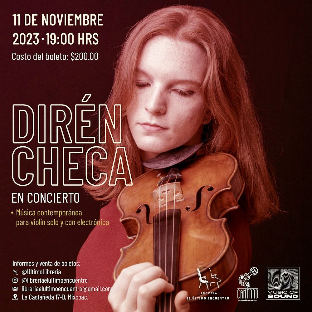 En nuestros espacio musical de cada mes tenemos una sorpresa: 11 de noviembre <a href="/direncheca/">Dirén Checa</a>, en El último encuentro. Aprovechemos cada oportunidad de escucharla porque muy pronto la veremos viajando por todo el mundo. 

Boleto: 200 pesos.
Informes y entradas por MD.

#MusicOfSound