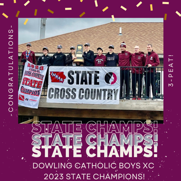 MaroonCrew's tweet photo. STATE CHAMPIONS!! 

Congrats to our Dowling Catholic Boys XC team for winning their 3rd state championship in a row, 11th overall! 

Way to go, Maroons! We are proud of you! https://t.co/XAWpbR4GS6