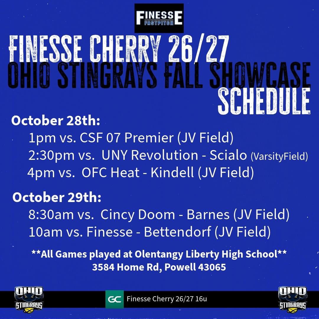 ***Updated Schedule for Stingrays Fall Showcase**
Thank you Ohio Stingrays Softball for making sure we get to play as many games as possible this weekend!