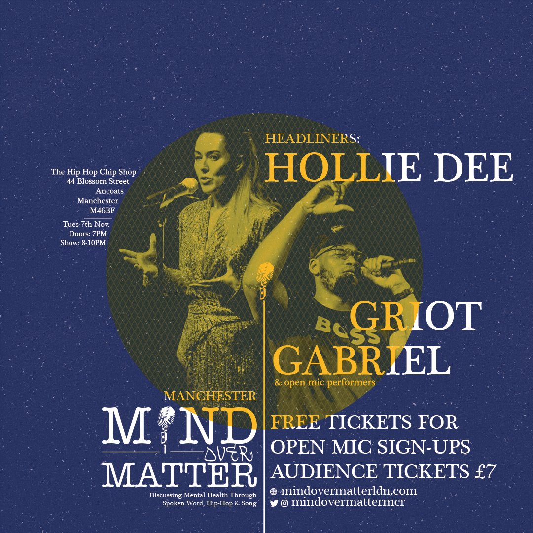 Due to unforseen circumstances there's a slight change to the line up on 7th Nov & @griotgabriel will now be joining Hollie Dee on the MoM stage! We can't wait to welcome him 🙏

Tickets available here: mindovermatterldn.com/tickets