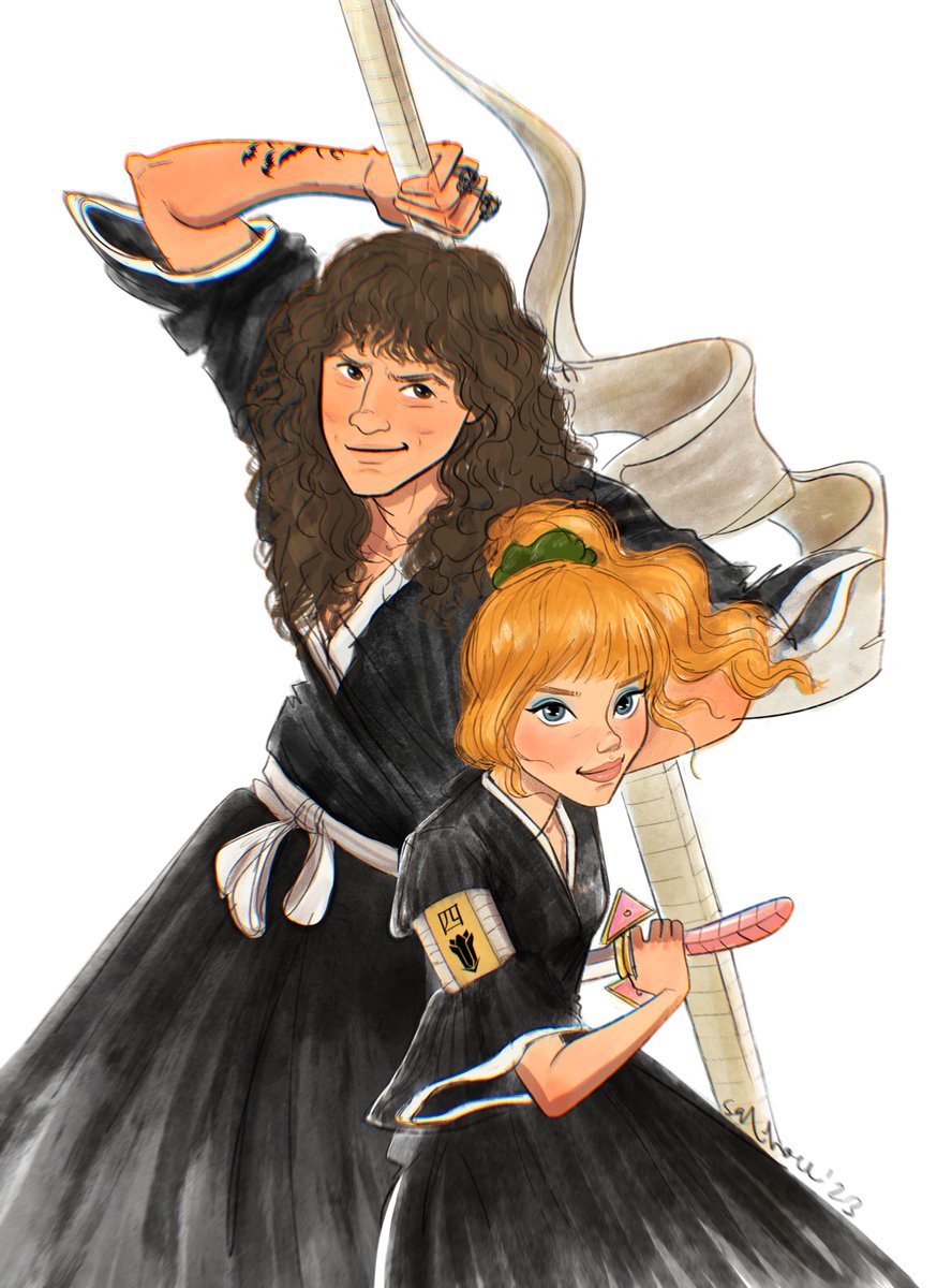 SoroushAzizi13's tweet photo. A commission made for me by @buriedbloom months ago i'm reposting for #hellcheerweek2023. What if...Eddie and Chrissy were Shinigami from Bleach! All credit goes to her. #StrangerThings #BLEACH_anime #eddiemunson #chrissycunningham #hellcheer #eddissy https://t.co/vZJpE8ZoGz