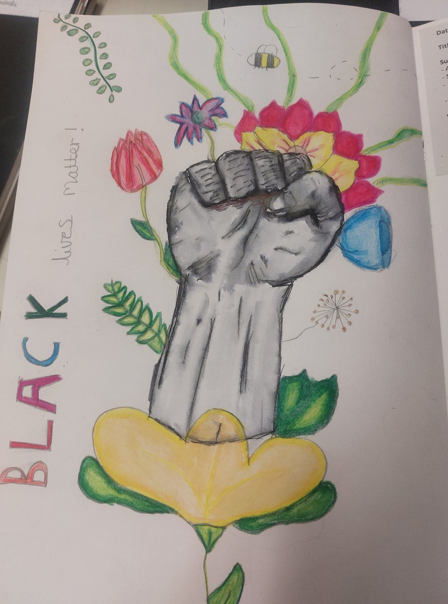 MissSwiderska's tweet photo. I am so pleased with the outcomes from Yr 8! Supporting anti-racism with #BlackLivesMatter    fists in pen and wash and flowers in aqua pencil. Creative compositions, colour blending &amp; tonal shading 🎨🖌  #Equality #KS3 #ArtAndDesign #Creativity #AntiRacism #Experimenting https://t.co/h9Mv3UWgfw