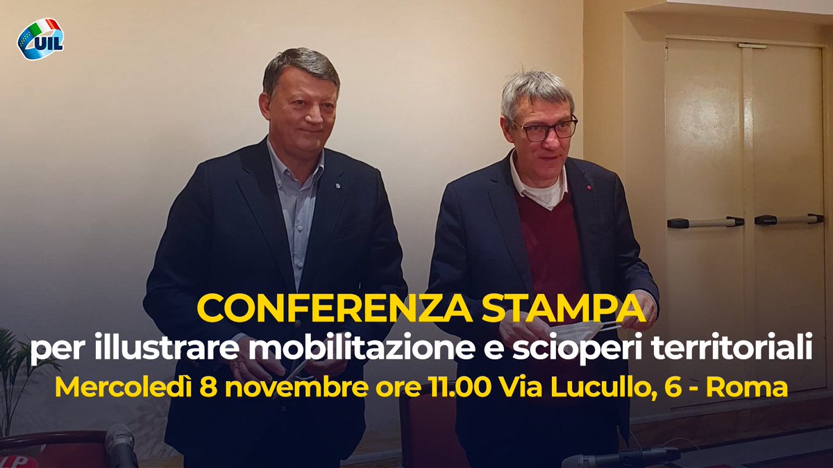 Mercoledì 8 novembre i Segretari Generali di #Cgil e #Uil, Maurizio Landini e Pierpaolo Bombardieri, illustreranno le mobilitazioni e gli scioperi territoriali presso la sede nazionale della Uil in Via Lucullo, 6 a Roma. (Comunicato UIL - CGIL)