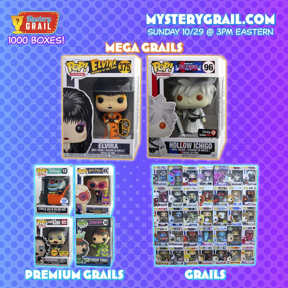 Hey #MysteryGrailers! We have a BRAND NEW Mystery Grail this Sunday at 3pm eastern that you'd be foolish to miss out on. Included in the possible grail pulls are FOUR premium grails and TWO MEGA GRAILS -Orange Dress Elvira and Hollow Ichigo!! mysterygrail.com/collections/my… Each box…