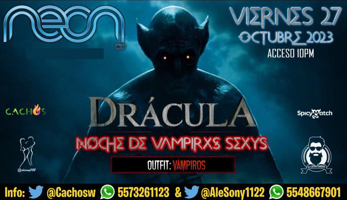 alesony1122's tweet photo. 🧛🏼‍♂️DRACULA!

🧛🏻La Noche de los Vampiros Sexys!
🗓️Viernes 27 Octubre

📍@ElMejorClubSw
🎧@LupitoBarbonDj

🧛🏻‍♀️🧛🏼‍♂️ OUTFIT: VAMPIROS!

🍱Barra de chilaquiles
🅿️Valet Parking
🍔Comida a la carta 
🛌 5 Play Room
🚬 Área de fumar 
💃🏽 Pista de baile 
🎭 Show para ellas y para ellos

🎟️ Reservaciones:

📲 5548667901 @alesony1122 
📲 5573261123 @Cachosw 

@CoupleLoveGD @candy_garces @Camilabonita06 @cesarYrita @juliopaola4241 @Celant_sw @cin_ow @Couple_Armi @cuca2323 @CyJ_SW @cl