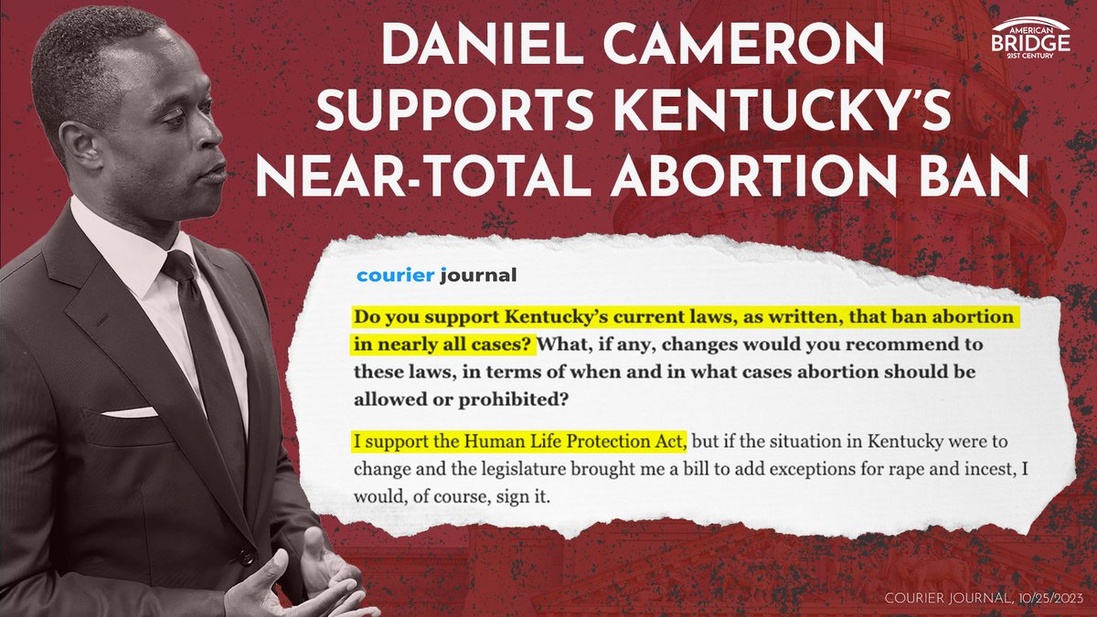 American_Bridge's tweet image. #KYGov GOP candidate @DanielCameronAG continues to support KY's near-total abortion ban without any exceptions for cases of rape and incest. 

courier-journal.com/story/news/pol…