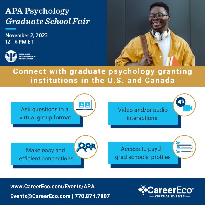WIU_GenExpPsych's tweet photo. Are you interested in graduate school? Join this APA virtual conference to meet and talk to members of our program! Save the date! November 2nd from 12-6pm. Go Leathernecks 💜💛
@WIUGradSchool @WesternILUniv @APA https://t.co/8xt72cj0be