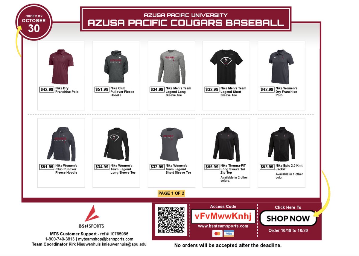 Team shop is up! Be sure to order your APU Baseball gear by Monday October 30th. Link in bio. <a href="/APUCougars/">APUCougars</a>