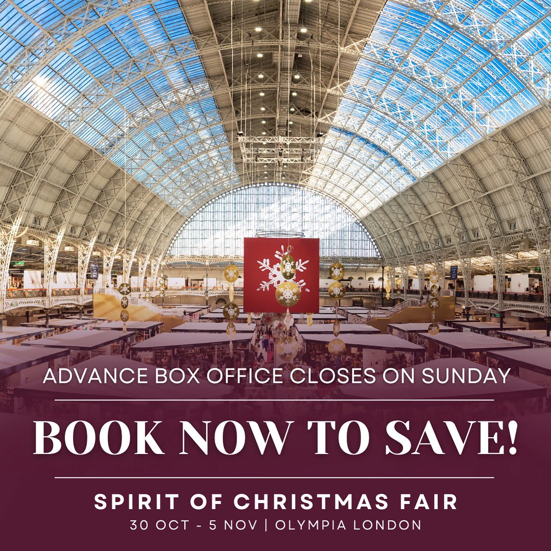 It’s your last chance to save up to 25% on the on-the-door ticket prices for Spirit of Christmas Fair next week, 30 Oct - 5 Nov @olympialondon 🤩 Join us at the home of Christmas shopping and kickstart your festive season! Book your tickets by Sunday 🎄 spiritofchristmasfair.co.uk