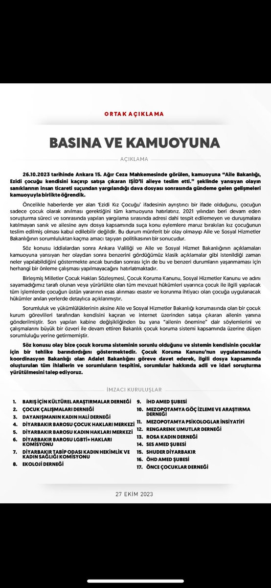 cocukcader's tweet photo. 26.10.2023 tarihinde “Aile ve Sosyal Hizmetler Bakanlığı’nın Ezidi bir kız çocuğunun Işid’li aile tarafından kaçırılıp, fail olan Işid’li aileye teslim edildi” şeklinde basına yansıyan olaya karşı ortak açıklamamızdır. https://t.co/P1TvZcLrDu