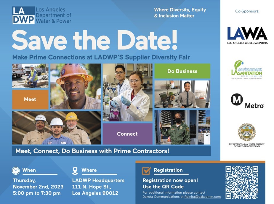 dakcomm's tweet image. Register Today! LADWP’s Supplier Diversity Fair is next Thursday, November 2nd from 5:00 pm-7:30 pm at the LADWP Headquarters. We're inviting local, small &amp;amp; disadvantaged businesses for an opportunity to network with Prime Contractors &amp;amp; City Agencies: eventbrite.com/e/ladwp-suppli…
