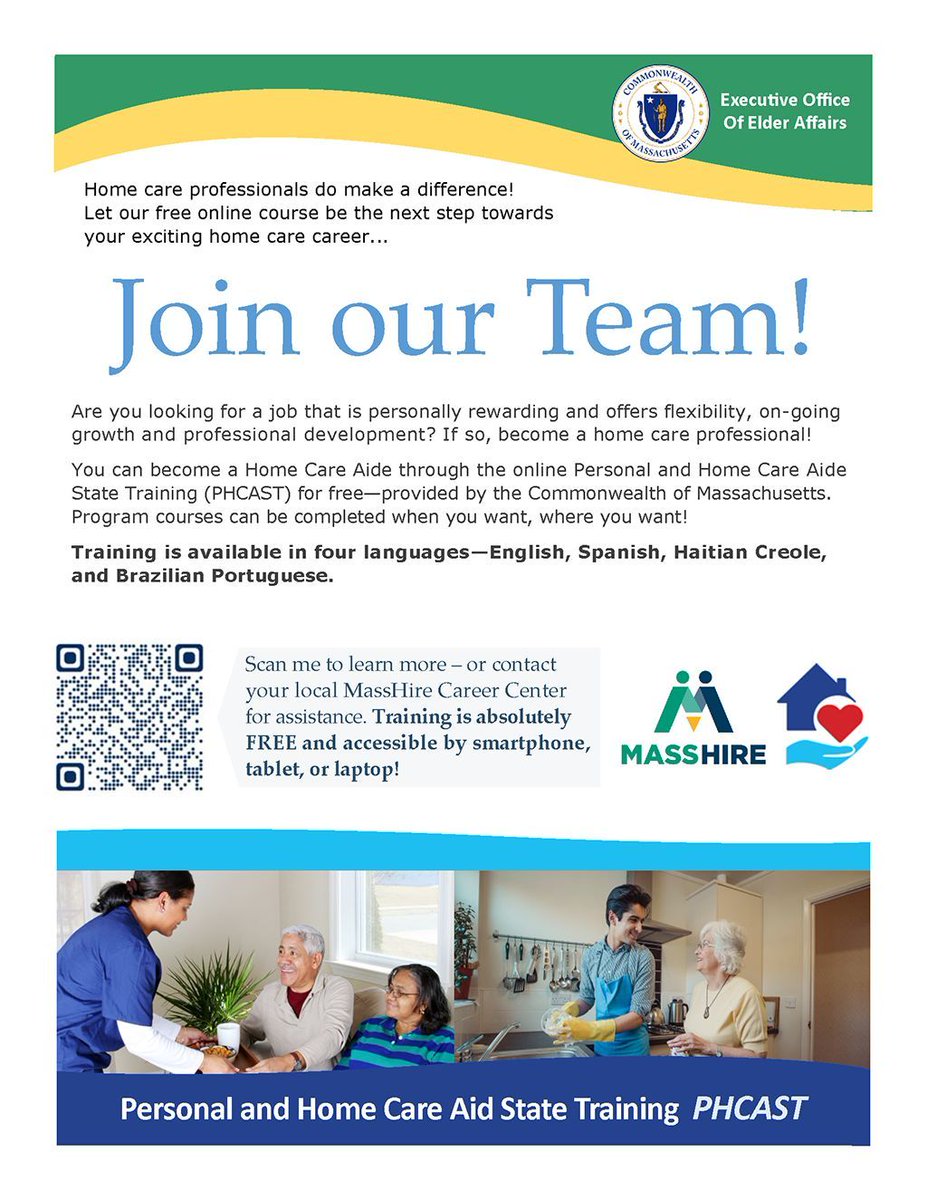 GNBWIB's tweet photo. Free, online Personal and Home Care Aide State Training (PHCAST) available for Massachusetts residents offered by the MA  Executive Office of Elder Affairs. Available in four languages—English, Spanish, Haitian Creole, and Brazilian Portuguese. Learn more: https://t.co/NXtSpNTxvi https://t.co/MrT4uv2w6M
