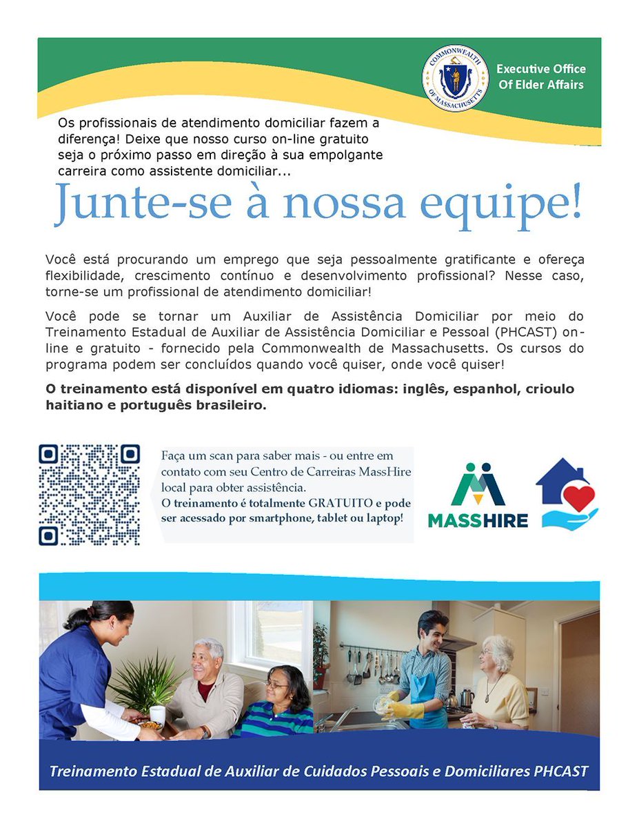 GNBWIB's tweet photo. Free, online Personal and Home Care Aide State Training (PHCAST) available for Massachusetts residents offered by the MA  Executive Office of Elder Affairs. Available in four languages—English, Spanish, Haitian Creole, and Brazilian Portuguese. Learn more: https://t.co/NXtSpNTxvi https://t.co/MrT4uv2w6M