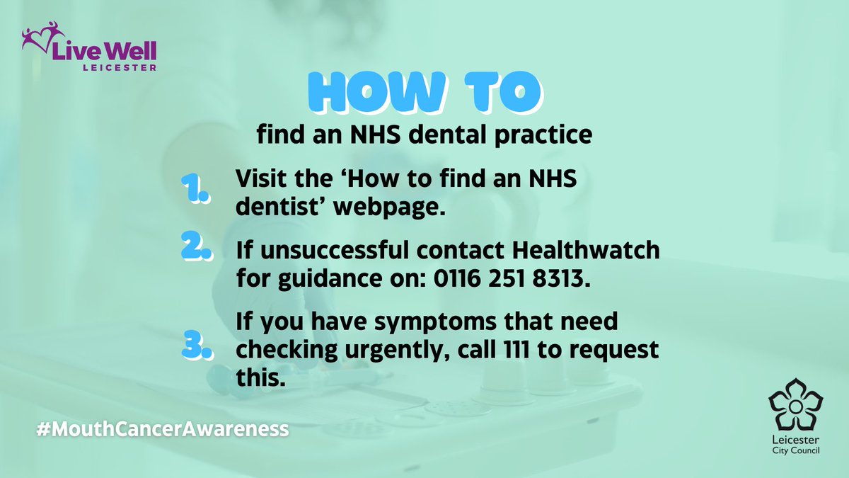 Need to find an NHS dentist? Visit the NHS website for help 👇 ow.ly/2K8k50Q0EWc If you're struggling to find a dentist and need urgent care, call 111 to get your symptoms checked. #MouthCancerAwareness