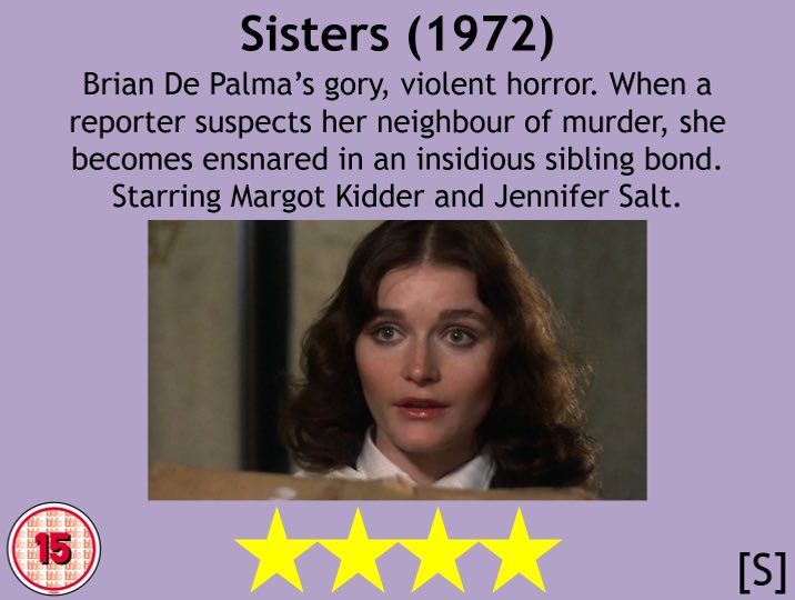 #BrianDePalma’s very decent but sometimes-disturbing horror #Sisters (1972) - starring #JenniferSalt, #MargotKidder, #CharlesDurning, #BillFinley and #LisleWilson - gets its first showing on @TalkingPicsTV on Friday 10 November @ 11pm, part of the #CellarClub with #CarolineMunro.