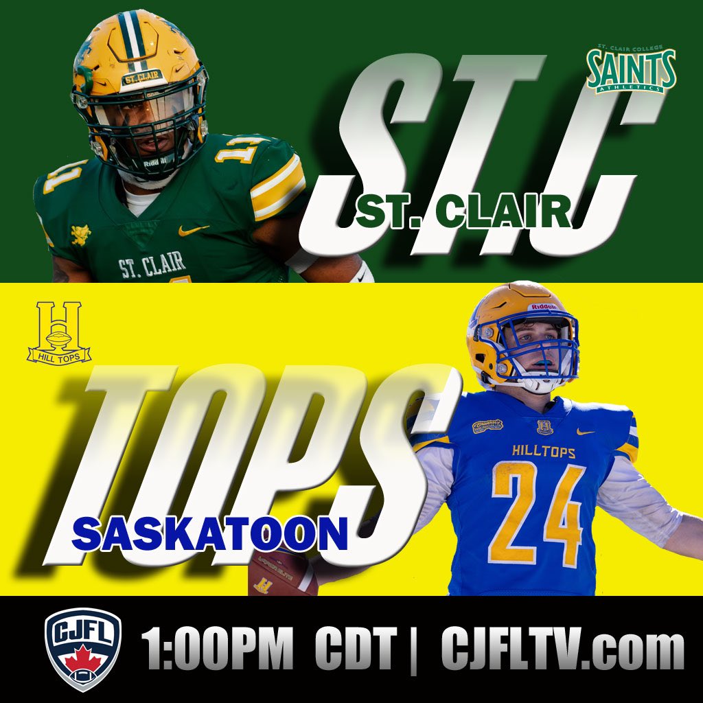 CJFL News (@cjflnews) on Twitter photo This Sunday itโs the #CJFL National Semi-Final in Saskatoon when the <a href="/SaskHilltops/">Saskatoon Hilltops</a> host the <a href="/sccfootballteam/">St. Clair College Football</a>
Kick off at 1pm CDT local time! This Sunday itโs the #CJFL National Semi-Final in Saskatoon when the <a href="/SaskHilltops/">Saskatoon Hilltops</a> host the <a href="/sccfootballteam/">St. Clair College Football</a>
Kick off at 1pm CDT local time!