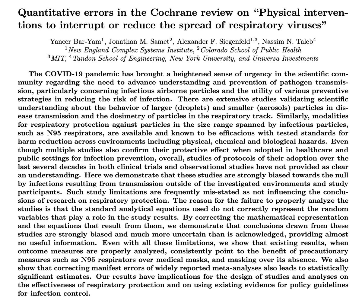 New paper on Masks: Some claim scientific studies show masks don’t work, or that surgical masks are as good as N95s. Just released paper shows this claim is false. Masks work, and N95 respirators give a much higher benefit than surgical masks.1/