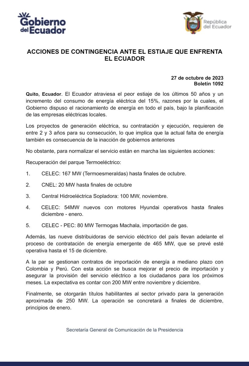 ComunicacionEc's tweet photo. El Gobierno dispuso acciones de contingencia en todo el país, bajo la planificación de las empresas eléctricas locales, debido a que el Ecuador atraviesa el peor estiaje de los últimos 50 años y un incremento del consumo de energía eléctrica del 15 %. 

📰➡️ https://t.co/LrCmjdqUuN