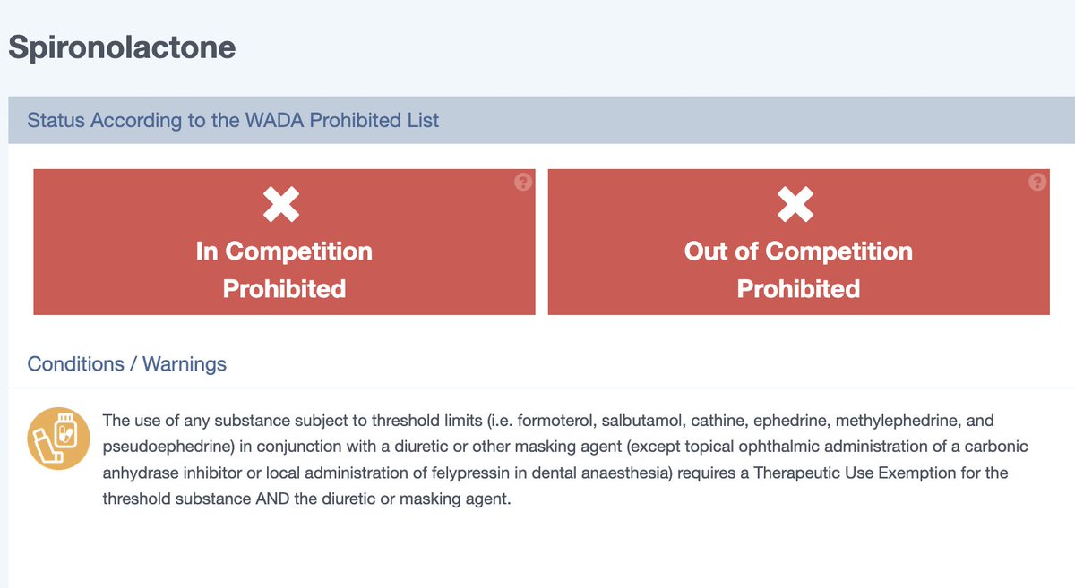 usantidoping's tweet image. Have you heard about spironolactone? Often prescribed for blood pressure control or acne, this medication is prohibited AT ALL TIMES under the WADA Prohibited List. Always check your medication on GlobalDRO.com to ensure you #CompeteClean.

#CleanSport #AntiDoping