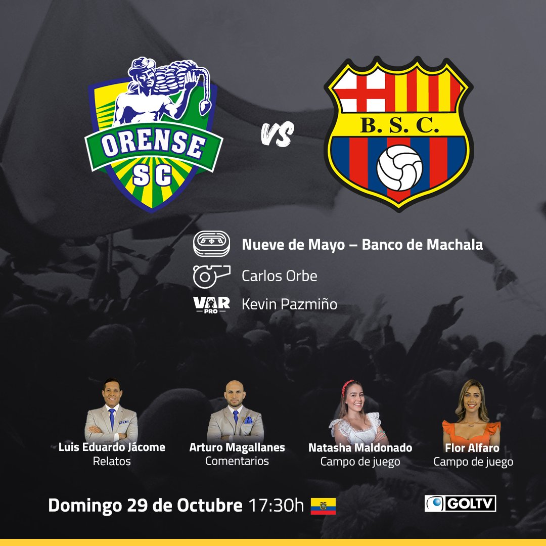 Vive el encuentro entre <a href="/Orense_SC/">Orense Sporting Club</a> y <a href="/BarcelonaSC/">BARCELONA S.C.</a> de la @LigaProEC ⁣🏆

📺 En vivo por GOLTV junto a @luisedujacome <a href="/Arturo_M13/">Arturo Magallanes </a> <a href="/NatashaMM99/">Natasha Maldonado Mogro💖</a> y <a href="/floralfarom/">Flor Alfaro Moreno</a> 🎙

#LigaProBet593 #GOLTVenVivo