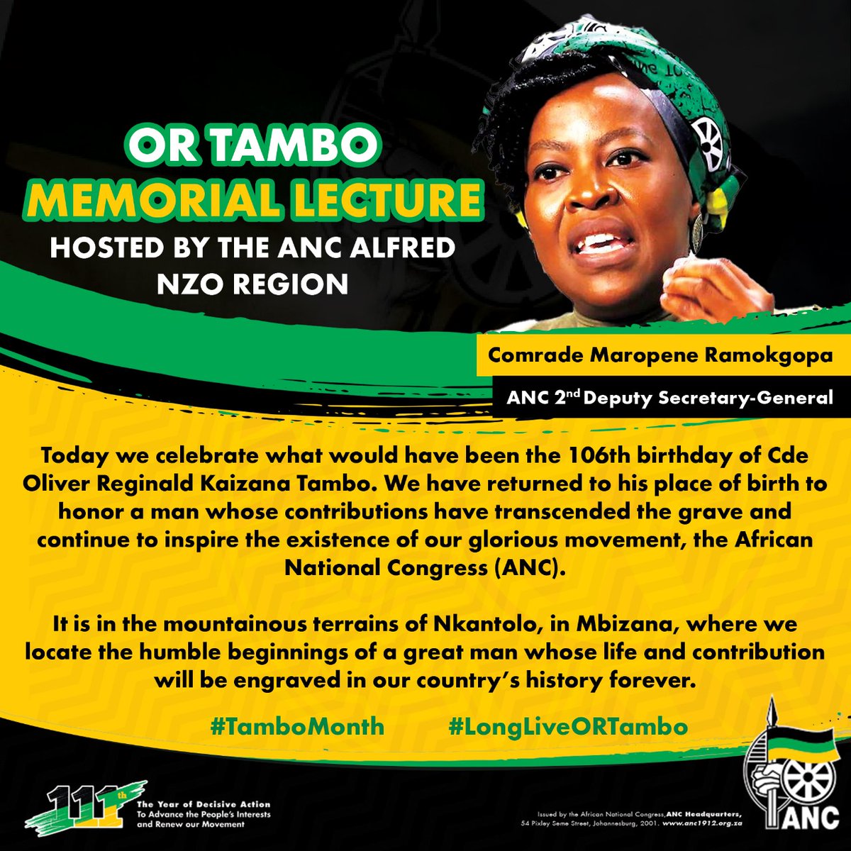 MaropeneRamo's tweet photo. WE REMEMBER OR TAMBO 🖤💚💛
1. Today we celebrate what would have been the 106th birthday of Cde Oliver Reginald Kaizana Tambo, a man whose life and contribution will be engraved in our country’s history forever.
#TamboMonth
#LongLiveORTambo
#ORTamboMemorialLecture https://t.co/YN6mSyAR2m