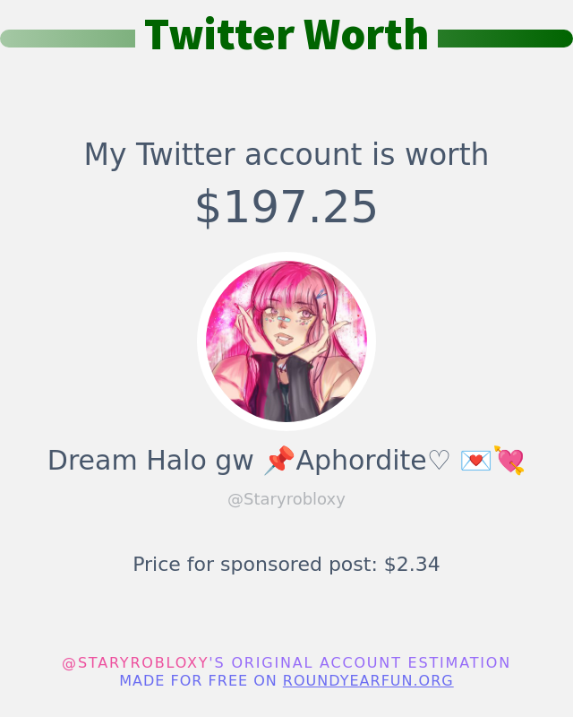 Staryrobloxy's tweet photo. My Twitter worth is: $197.25

➡️ https://t.co/ZcF7ubcF2H https://t.co/9vMGQoKTKI