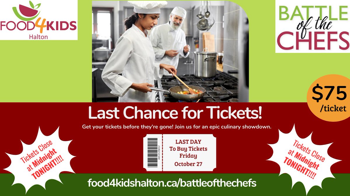 📣 Last Call for Battle of the Chefs Tickets! 🍽️ Ticket sales close at midnight TONIGHT!⏰ 📅 Nov 6 🕔 6 pm - 9 pm 🌆Oakville Conference Centre Get ready for: 🍳 Exceptional Chef Showdown 🍴 Delectable Dishes 🎁 Exciting Silent Auction 📸 Memorable Moments canadahelps.org/en/charities/f…