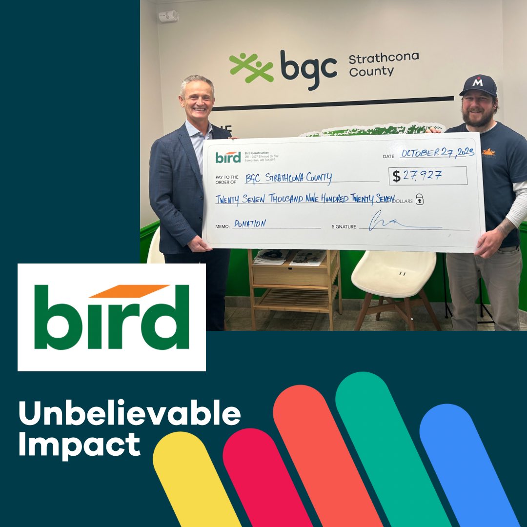 BGCStrathcona's tweet photo. A huge thank you to our friends at @builtbybird for their generous donation from their golf tournament this summer! This impact you make on the lives of so many kids and youth in our community is truly unbelievable. #birdconstruction #bgcstrathcona #unbelievableimpact https://t.co/EMr9f0iETy