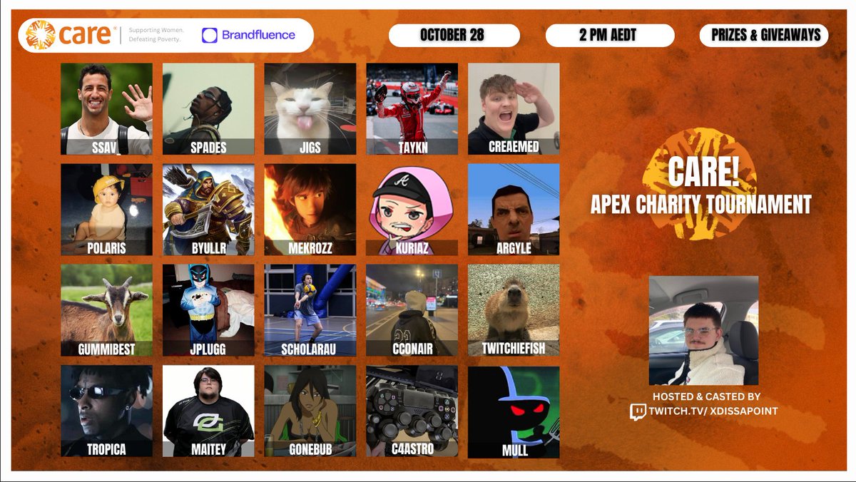 Todays the day! CARE! Apex Charity Tournament is kicking off in a few hours!

We've already seen the captains. But how about the players? Well lets have a look!

🕑 Time : Today, October 28th at 2pm AEDT
🎁 Excited to announce the giveaways on stream!
