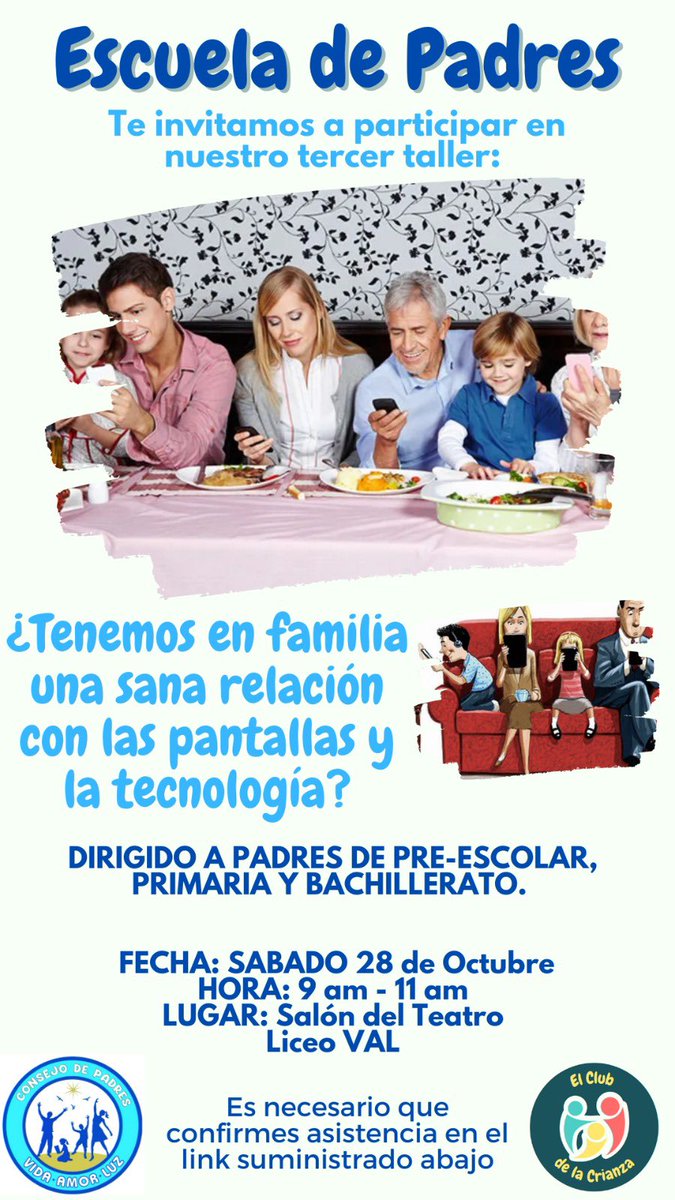 No te pierdas nuestro taller dirigido a padres y madres, ¿tenemos en familia una sana relación con las pantallas y la tecnología? 
Lugar: Teatro del liceo VAL
Hora: 9:00am
Confirmar asistencia en:
forms.gle/psnowKaCaTaGR4…