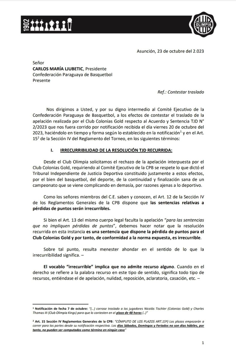 OlimpiaMedia's tweet photo. Ante el pedido de Colonias Gold, de anular lo dictado en la resolución, @OlimpiaKings recusa al Comité Ejecutivo por parcialidad manifiesta y por estar vinculados al Deportivo San José.

[1/2]. https://t.co/9E63Q2zIcW
