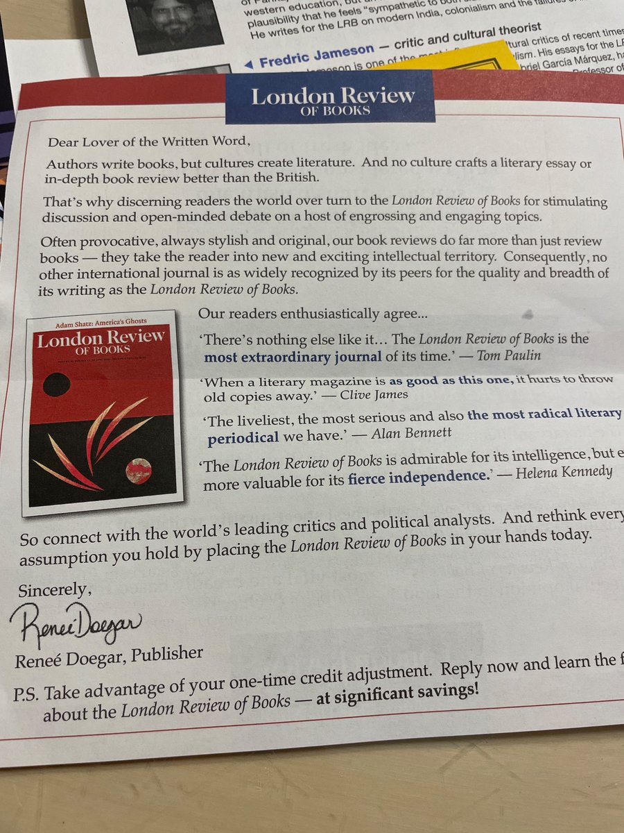 joannaelmy's tweet photo. Was about to consider subscription to the @LondonReview when I read the Publisher’s note: “no culture crafts a literary essay or in-depth book review better than the British”. Holy. Think I’ll leave you guys to it and hang where the lesser cultures get to craft literature. https://t.co/7aknA2vNZg