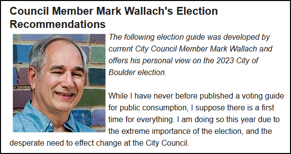 PLANBoulder's tweet photo. Let's go team! Get those ballots in!

See Councilmember Mark Wallach's election guide here: https://t.co/YdUgAkfI8s https://t.co/QAl9bu84x7