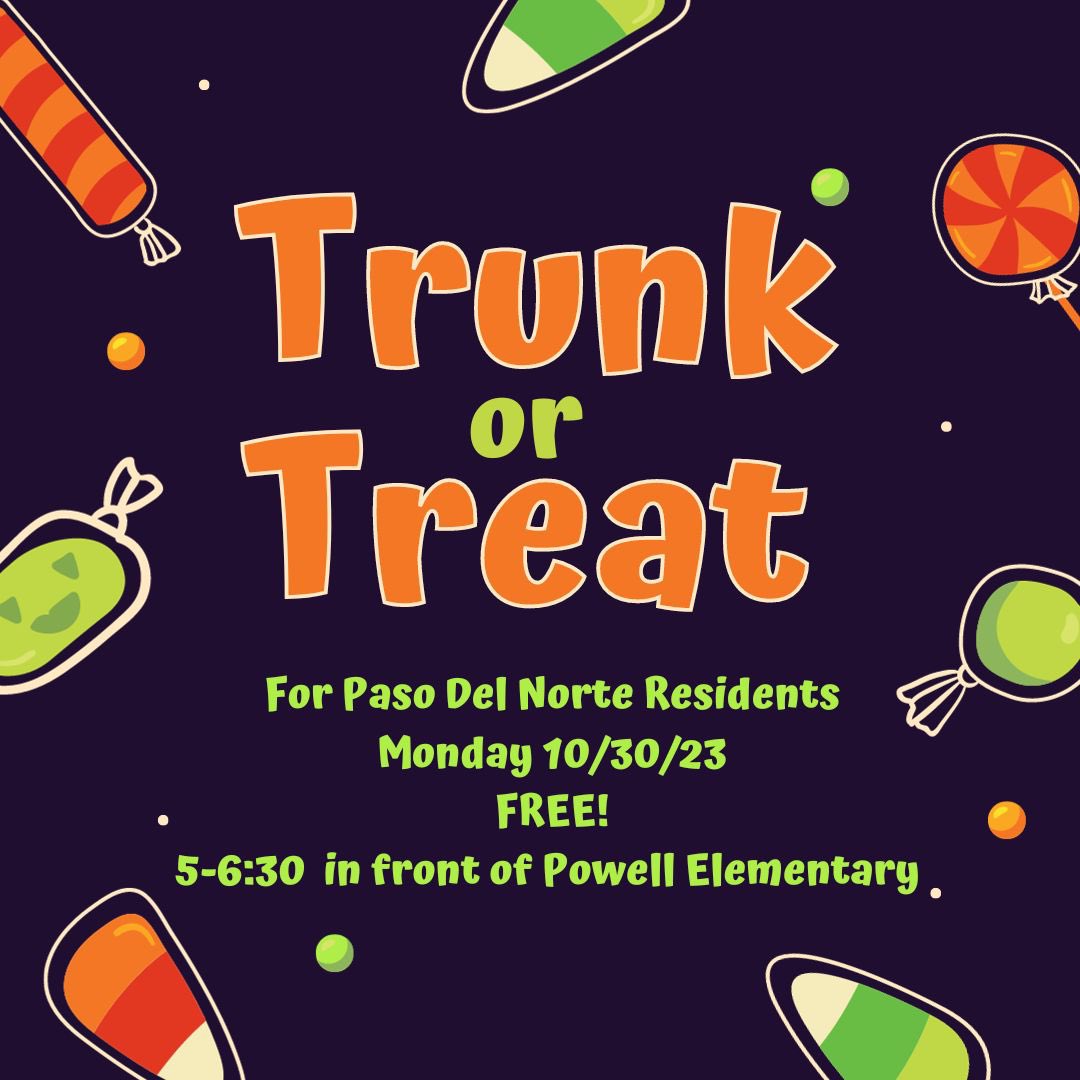 PowellEPISD's tweet photo. Our fabulous PTO is hosting a trunk or treat for the residents in our community! This event is free from 5-6:30!

#ItStartsWithUs
@EPISD_FamilyEng 
@ELPASO_ISD https://t.co/OljsvGGbUQ