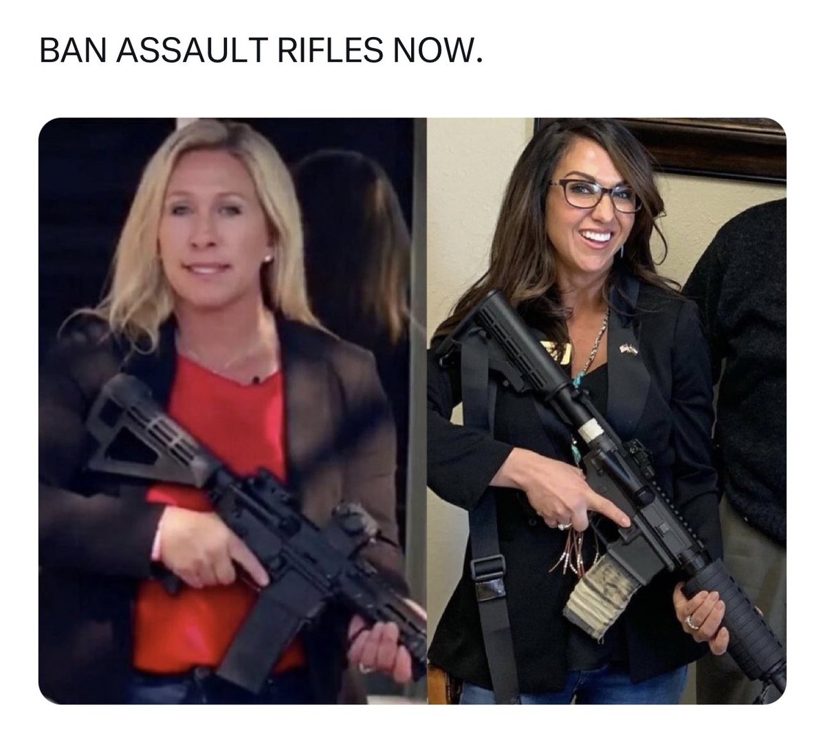 platypusmaximus's tweet image. These two inbred idiots are part of the problem. They promote these tools of death and destruction. They support the death of children (one gives handies in front of them #groomer). @RepMTG and @laurenboebert are deplorable monsters. #removethem