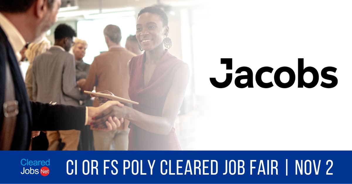 ClearedJobsNet's tweet image. Chat with @JacobsConnects at the November 2 CI or FS Polygraph #ClearedJobFair clearedjobs.net/job-fair-compa… #CloudDeveloper #ISSO