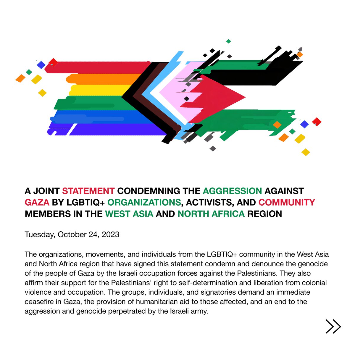 KunLibya's tweet photo. A joint Statement Condemning the Aggression against #Gaza by LGBTIQ+ Organizations, Activists, and Community Members in the West Asia and North Africa region.
Full statement on our website:
https://t.co/A0njSRN95W https://t.co/HzqNRCW22p