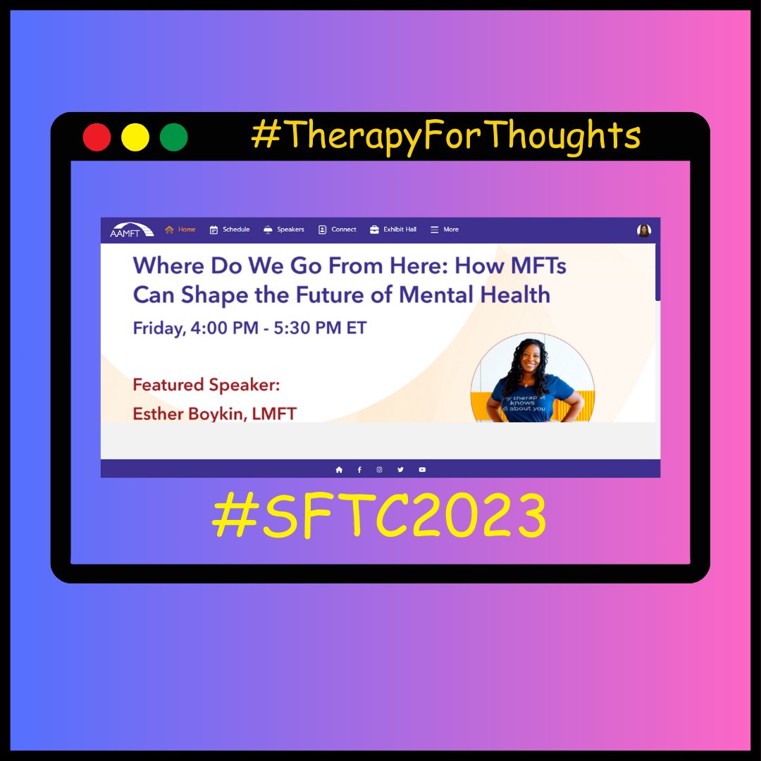 The Systemic Family Therapy Conference (SFTC), sponsored by the American Association for Marriage and Family Therapy. Thank you to all the presenters!

#AAMFT #SFTC2023 #TherapyForThoughts #KT4T #LCMFT #OnlineTherapy #TherapistLife #SeekKnowledge #Clinician #MentalHealth