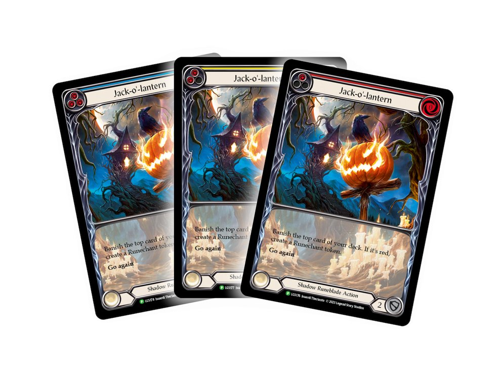 Trick or Treat yourself with the new tournament legal Jack-o'-lantern promo for the Flesh and Blood TCG! 

Starting from Saturday, October 28th, customers who purchase a Flesh and Blood Booster Display in-store will receive a set of three Jack-o'-lanterns.