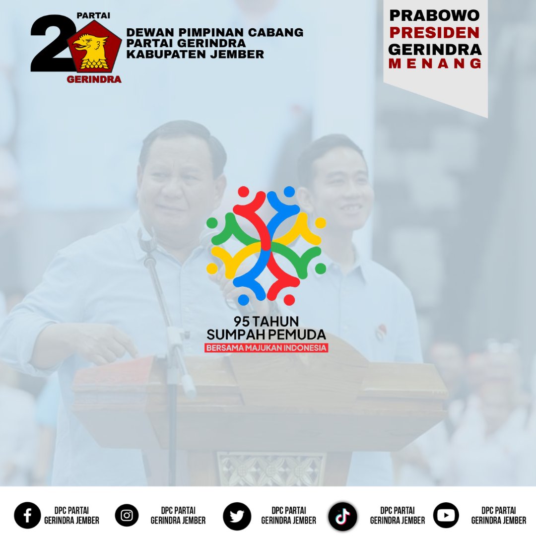 Jember_Gerindra's tweet photo. Selamat Pagi.
Anak muda saat ini mempunyai kemampuan untuk memberikan kontribusi bagi bangsa dan negara. Pemuda harus terus kerahkan semua daya upaya mereka untuk memajukan Indonesia raya menuju Indonesia Emas

Selamat Hari Sumpah Pemuda
"Bersama Majukan Indonesia"
28 Oktober https://t.co/LZwQxOcQeg