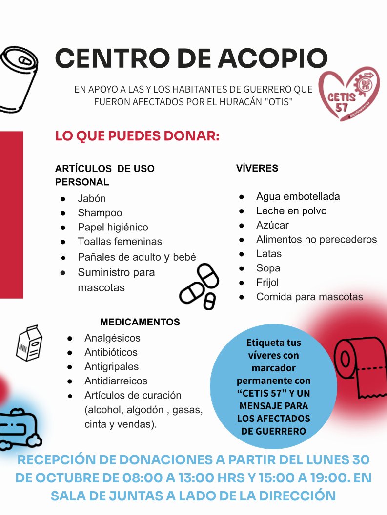 CETIs57's tweet photo. Atención comunidad #CETIS57 es hora de unirnos nuevamente y apoyar a los damnificados de GUERRERO se abre nuestro centro de acopio ❤️ https://t.co/W3Zgz6hvms https://t.co/iOc60ZpShj