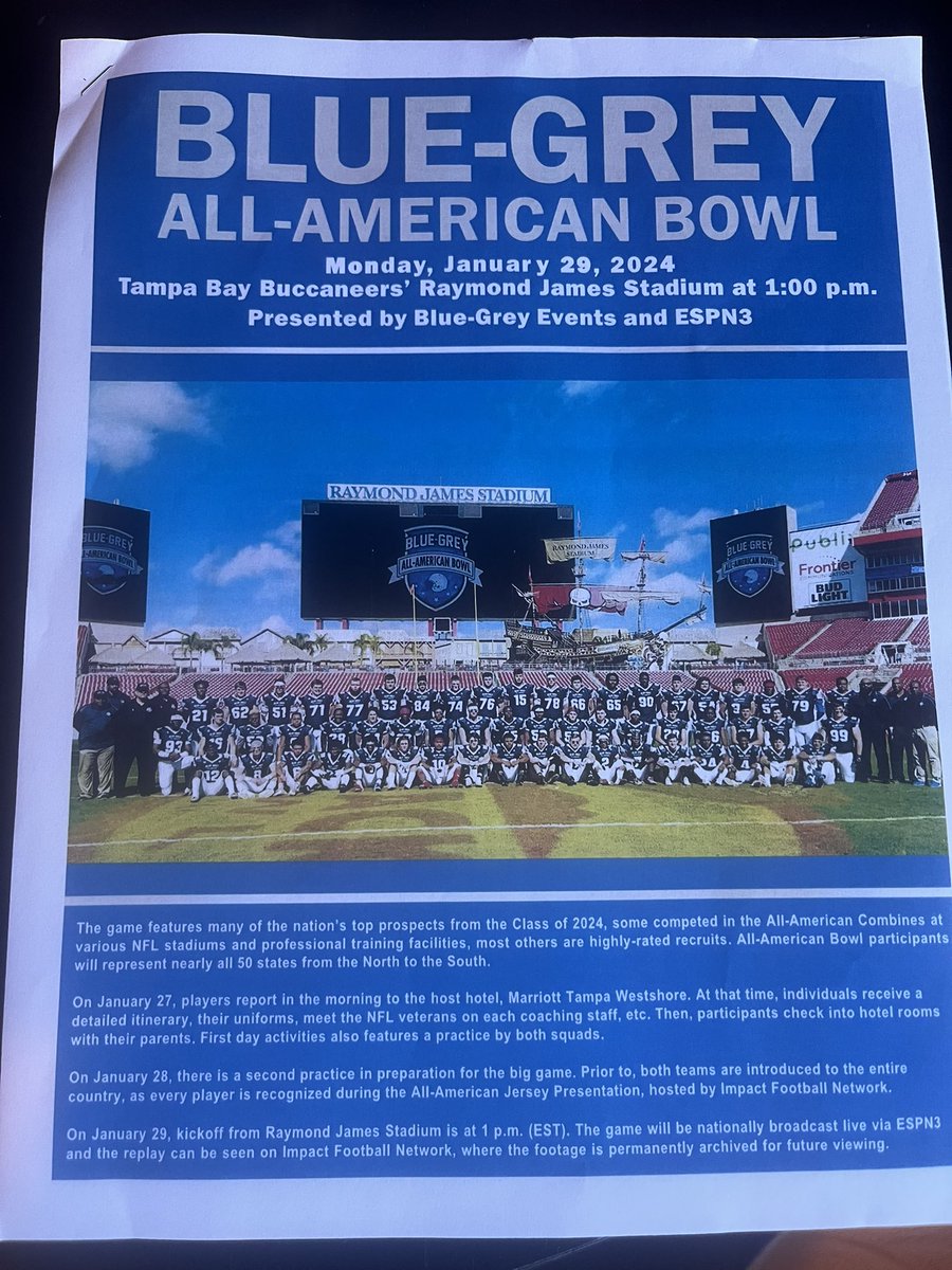 Excited to announce that I have been selected to compete in the Blue-Grey All-American bowl on January 29, 2024! Thank you <a href="/KohlsKicking/">Kohl's Kicking Camps</a> and <a href="/CoachGiugliano/">Anthony Giugliano</a> for this opportunity to compete alongside players from around the country!
 <a href="/BlueGreyFB/">Blue-Grey All-American Bowl</a> <a href="/NGHS_Football/">Northgate Football 🏈</a>