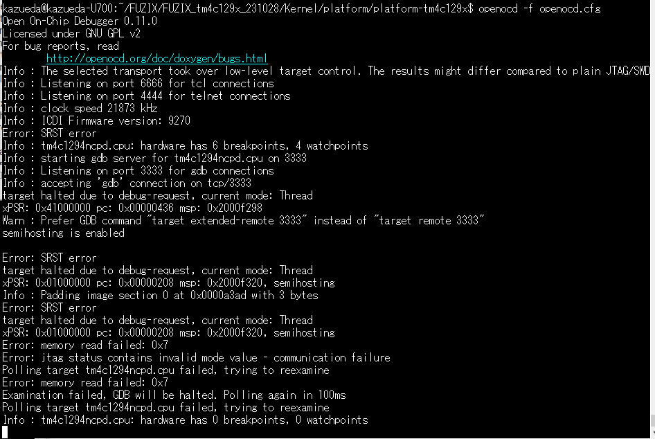 kazueda's tweet image. 別の基板での実験。書き込みがうまくいってないようです。うーむ。#fuzix #tm4c129x #openocd