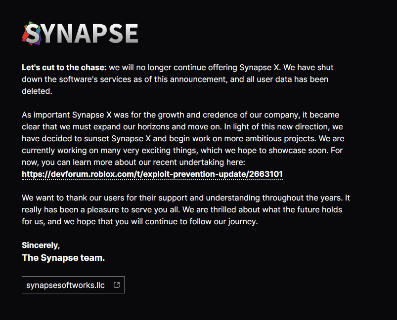 Snap01045469's tweet image. Synapse X known as a ROBLOX Exploit just got shut down. They won't give out refunds as this software did cost 20$. They are now working with ROBLOX for a better exploit prevention. devforum.roblox.com/t/exploit-prev… #roblox #robloxexploit #synapsex #sharkblox @SharkBloxYT