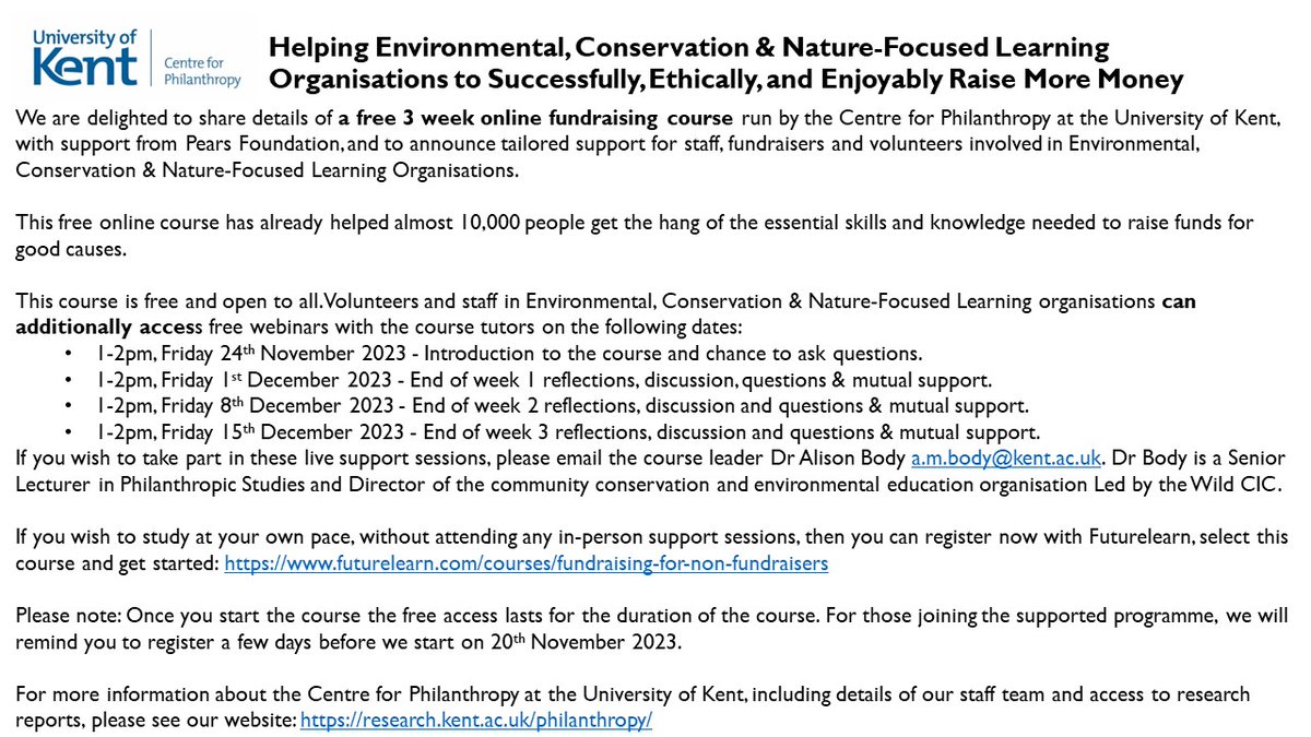 Calling all environmental, conservation & nature-focused learning community organisations & charities. FREE 3 week online fundraising course run by @UniKentCfP @UniKent.