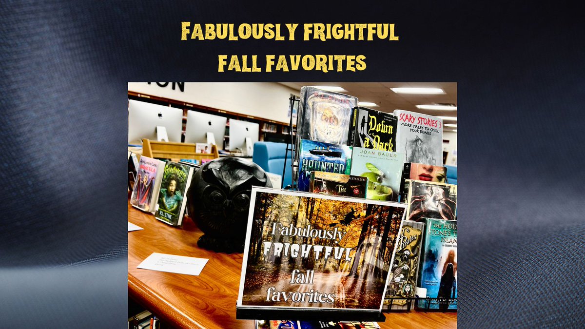RBMSLibrary's tweet photo. Haunted Haikus, Fabulously Frightful Fall Favorite Reads, and just a couple of dinosaurs and witches hanging out in the @RBMS_Official library. BOO! https://t.co/3Yvx9iJRwT