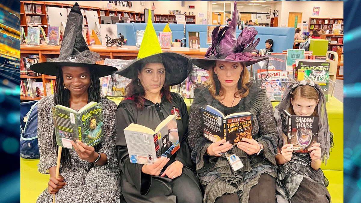RBMSLibrary's tweet photo. Haunted Haikus, Fabulously Frightful Fall Favorite Reads, and just a couple of dinosaurs and witches hanging out in the @RBMS_Official library. BOO! https://t.co/3Yvx9iJRwT